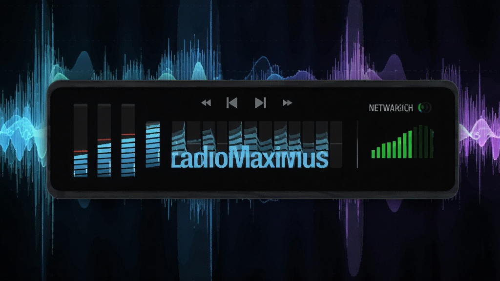 RadioMaximus播放过程中显示均衡器动画与网络信号强度指示,背景为抽象声波图形,科技感风格,高清画质