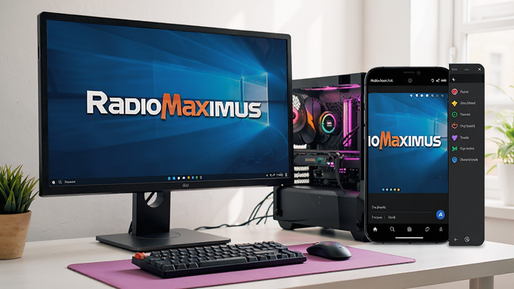 RadioMaximus在电脑桌面上运行,旁边有手机模拟器显示相同界面,环境明亮,色彩鲜艳,高清画质,干净