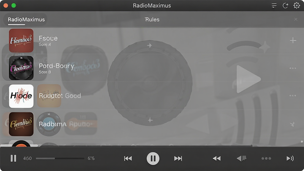 RadioMaximus网络收音机软件主界面预览图,展示电台列表与播放控制区域,现代简约风格,高清画质,干净无多余元素