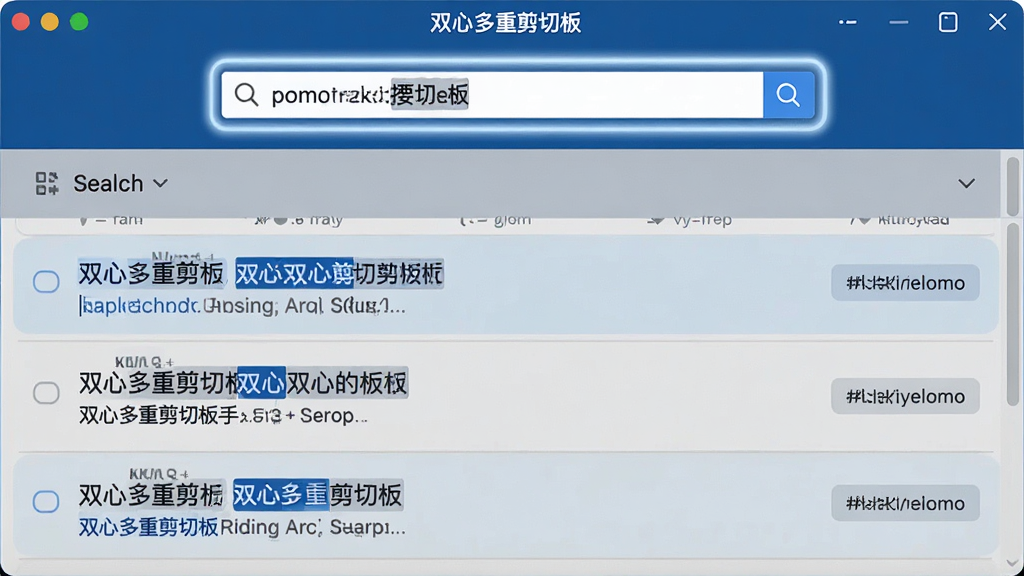 主体:“双心多重剪切板”软件主界面,搜索框高亮显示。布局:顶部为搜索栏,下方为搜索结果列表。排版:搜索栏居中,结果列表清晰。风格:简洁商务风,蓝白配色。细节:搜索框内有示例关键词,结果条目高亮匹配部分。画质:高清,无多余元素。