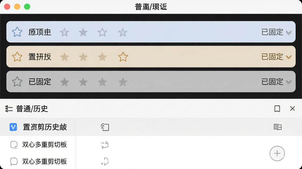 主体:“双心多重剪切板”软件界面中,顶部固定区域显示几条置顶条目。布局:置顶区与普通历史区分隔明确。排版:置顶条目带有星标图标。风格:现代清爽风格。细节:置顶条目背景色略有不同,文字标注“已固定”。画质:干净,无多余元素。