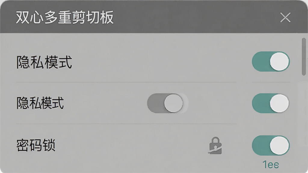 主体:“双心多重剪切板”设置界面,隐私选项开关。布局:设置项纵向排列。排版:开关控件清晰,有文字说明。风格:极简风格,灰色调。细节:显示“隐私模式”和“密码锁”选项。画质:高清,无多余元素。