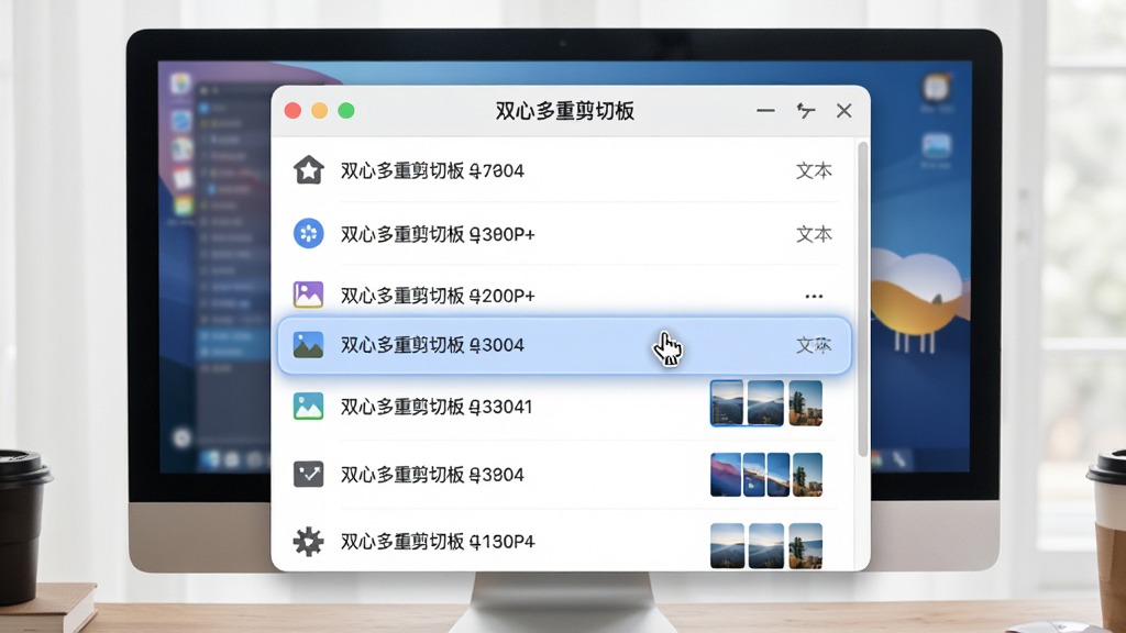 主体:电脑屏幕前显示“双心多重剪切板”的历史记录面板,包含多条文本和图片缩略图。布局:面板居中,列表从上到下排列。排版:条目间距均匀,类型图标区分文本与图片。风格:干净明亮的界面,柔和阴影。细节:鼠标悬停在某条记录上,有高亮效果。画质:清晰,无多余元素。