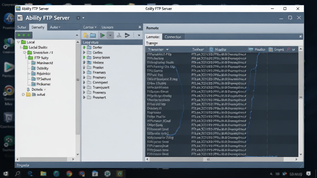 画面主体为Ability FTP Server软件主界面在深色桌面背景上运行的实拍截图,布局清晰展示本地文件目录树与远程连接日志。排版居中构图,界面窗口比例约16:9。风格为现代扁平化结合拟物细节,整体色调以蓝灰为主,突出专业感。细节需呈现服务器状态指示灯为绿色、用户列表栏目、传输速率图表等元素,画质高清,干净无多余装饰元素