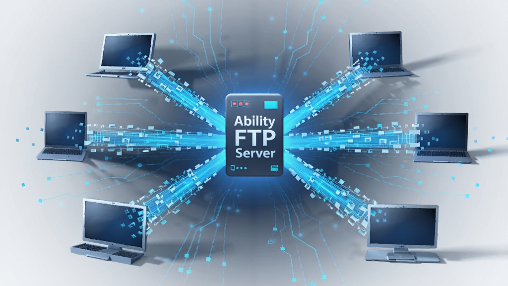 一张动态概念图,中央是Ability FTP Server图标,背景为抽象的数据流线条,多条明亮蓝色光线从服务器图标向外放射至不同终端设备。布局采用中央放射状构图,风格为科技感3D渲染。细节需展现光线由不连续的粒子构成以暗示数据分包续传,画质高清流畅,背景干净突出主体,无多余文字