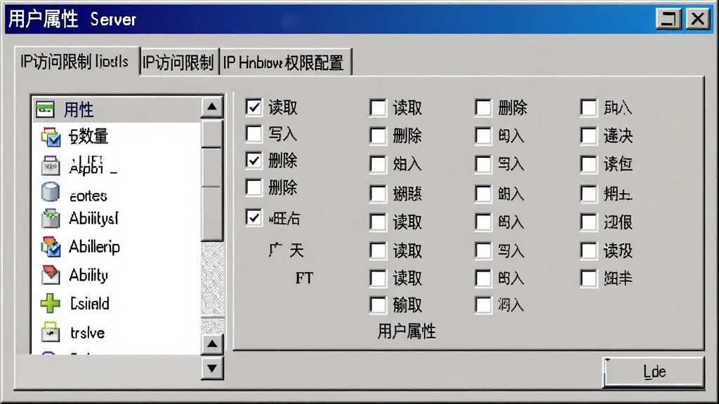 一张Ability FTP Server软件权限配置窗口的特写,画面主体为“用户属性”对话框,勾选有“读取”、“写入”、“删除”等选项。布局为左侧用户列表,右侧详细权限复选框矩阵。排版规整,采用Windows经典软件界面风格,高亮蓝色显示选中项。细节上需清晰呈现IP访问限制选项卡,画质干净,界面文字锐利,无多余元素