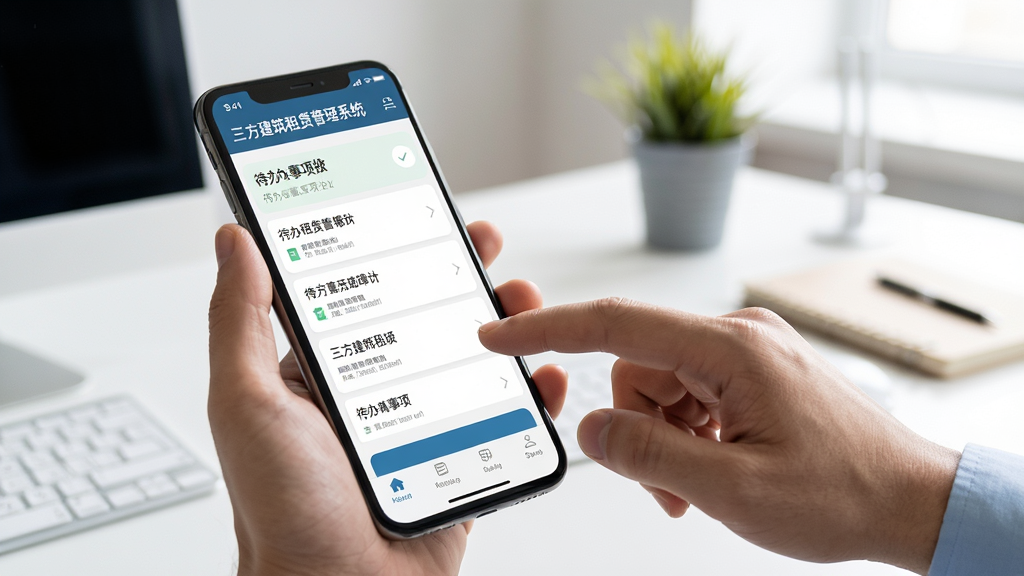 使用场景图:用户正在使用“三方建筑租赁管理系统”移动端进行审批操作,手机屏幕清晰显示待办事项列表,背景为办公室,桌面整洁,光线明亮,风格写实,细节有手指点击动作,画质清晰,无多余元素
