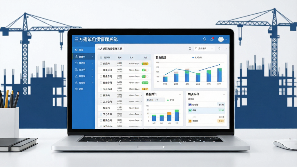 主视觉图:现代办公桌上摆放一台笔记本电脑,屏幕显示“三方建筑租赁管理系统”主界面,包含清晰的租赁合同列表、租金统计图表与物资库存看板,界面为蓝白商务风格,图表数据清晰,背景带有建筑工地剪影,画面干净明亮,高分辨率,无多余元素
