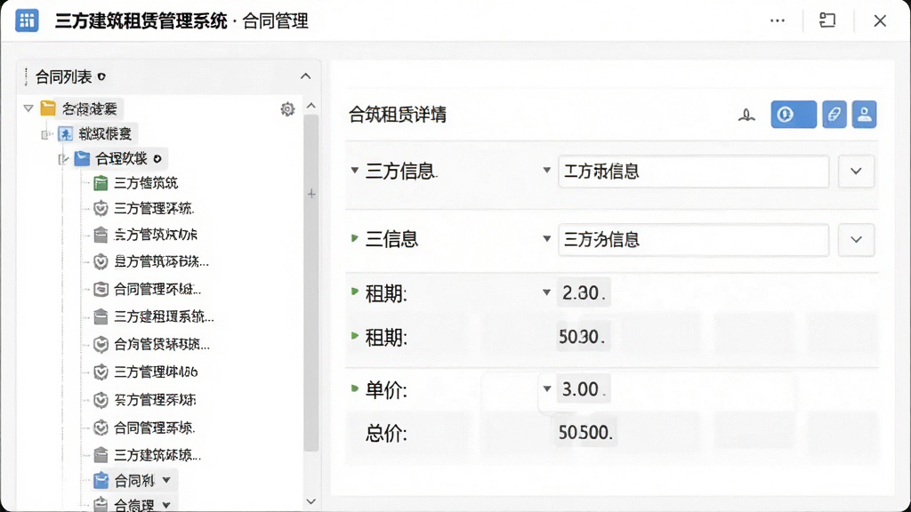 功能界面截图:软件“三方建筑租赁管理系统”的合同管理模块,左侧为合同列表树,右侧显示合同详情,包含三方信息、租期、单价、总价字段,表单清晰,布局规整,风格简洁,细节展示按钮图标,画质清晰,无多余元素