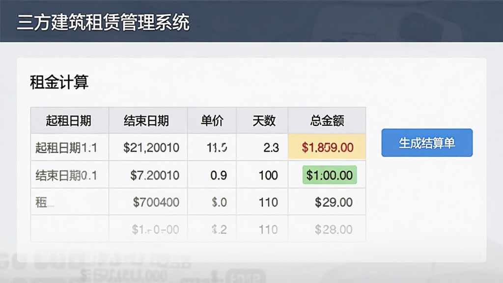 功能截图:软件“三方建筑租赁管理系统”的租金结算页面,中央显示租金计算表格,包含起租日期、结束日期、单价、天数、总金额,右侧有“生成结算单”蓝色按钮,界面清爽,数据清晰,风格扁平化,细节有金额高亮显示,画质干净,无多余元素