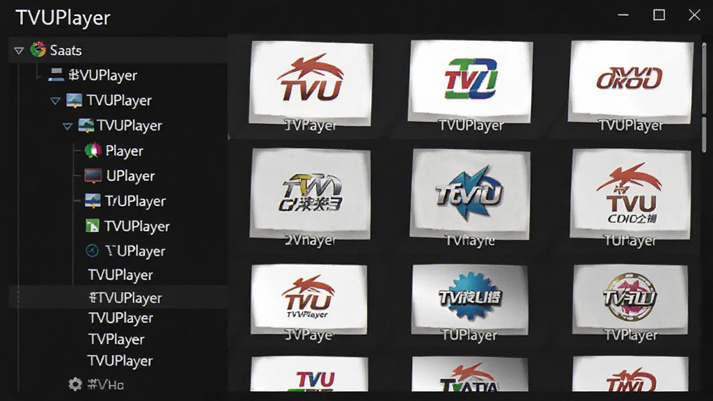 TVUPlayer频道列表界面,左侧树状频道分类,右侧显示电视台标志和名称,列表项文字清晰,界面整洁,突出软件名称TVUPlayer,风格专业,画质干净