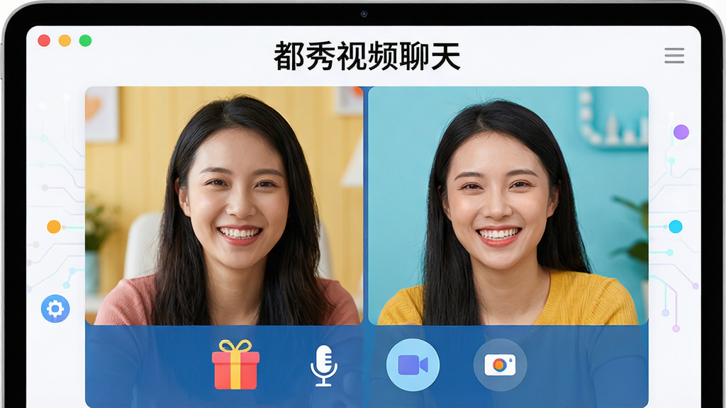 主体:都秀视频聊天软件主界面,展示高清视频窗口与功能按钮;布局:上方为软件名称