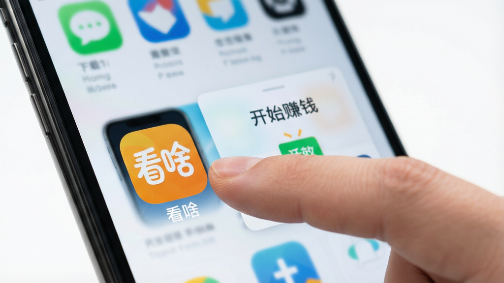 特写镜头展示一只手正在点击手机屏幕上的“看啥”应用图标,背景是模糊的应用商店界面。图片整体风格清晰明亮,强调下载和启动的便捷性。画面中隐约可见“开始赚钱”的引导弹窗。风格为高清产品摄影,聚焦准确,画质干净,背景虚化干净,无多余元素。