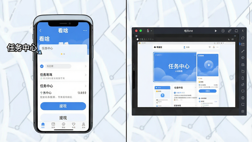 一张分屏对比示意图,左侧显示手机端“看啥”应用的页面,标注“任务中心”和“提现”按钮;右侧显示电脑端模拟器运行的界面。整体风格为简洁的说明书插画风格,线条清晰,颜色以蓝白为主,画质高清,干净整洁,无多余元素。