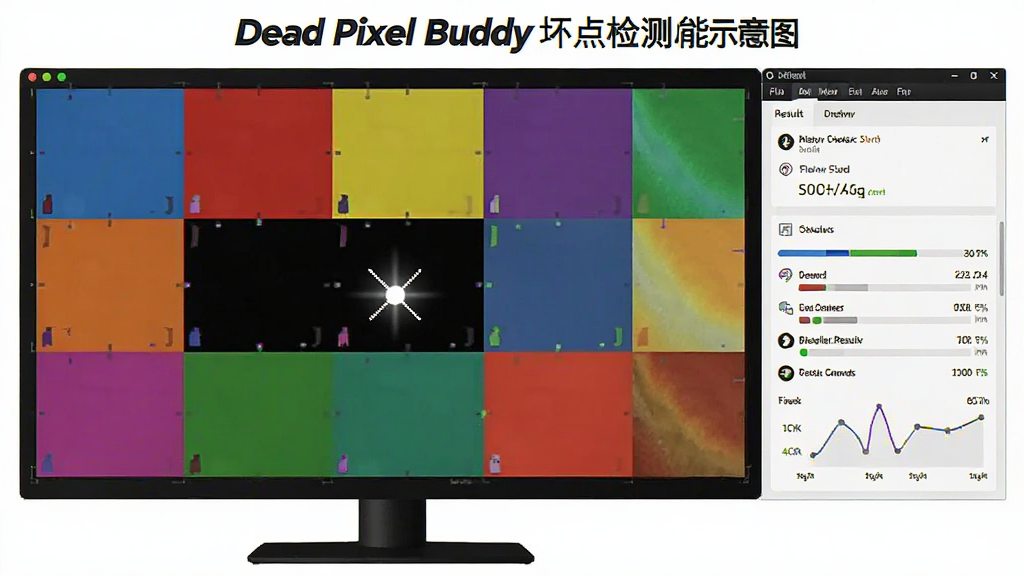 Dead Pixel Buddy 坏点检测功能示意图,屏幕显示多种纯色背景,画面中央有一个亮点点标记,软件界面显示检测结果数据,整体风格专业清晰,高分辨率,画质干净,无多余元素