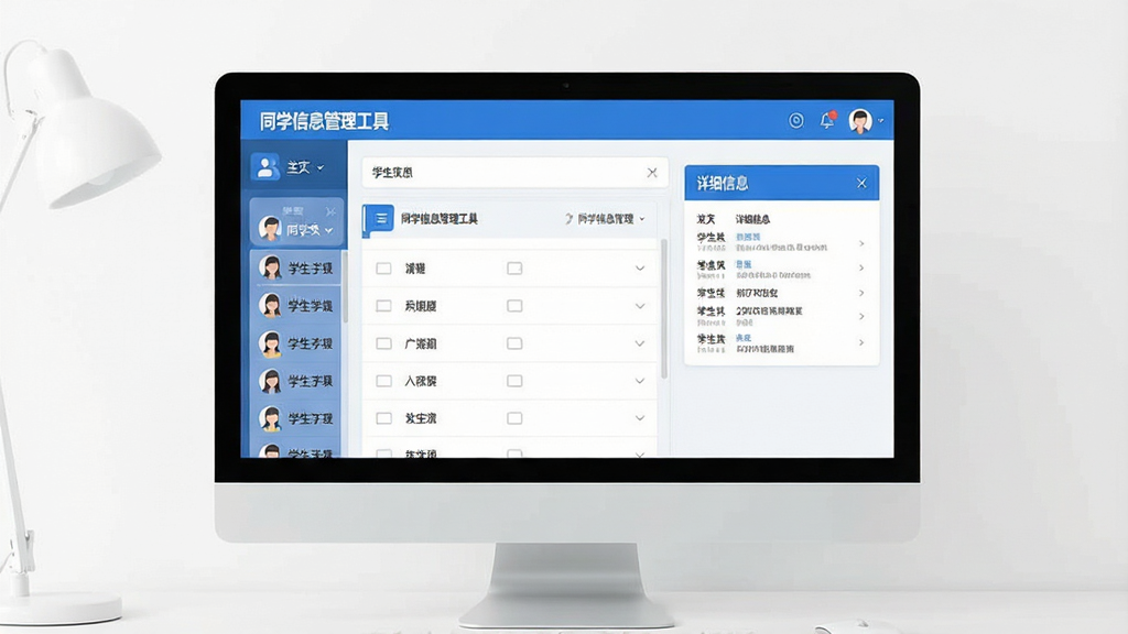 一张现代简约风格的教育管理软件界面预览图,主体为电脑屏幕中显示的“同学信息管理工具”主面板,左侧是学生列表,右侧是详细信息卡片,布局清晰,排版整齐,采用蓝白为主色调,扁平化设计,画面干净无多余元素,画质高清,突出“同学信息管理工具”软件名称。