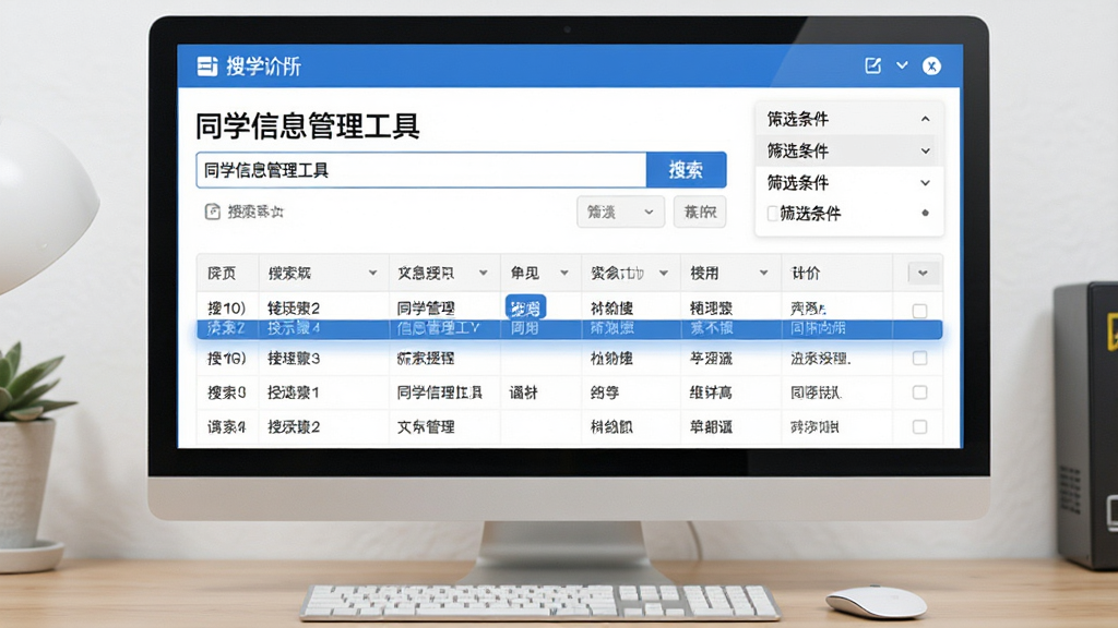 一张展示软件搜索功能的界面图,主体为“同学信息管理工具”的搜索栏和筛选条件面板,下方表格中高亮显示搜索结果,布局明确,排版简洁,整体色调为白蓝搭配,电脑桌面风格,画质清晰,细节到位。