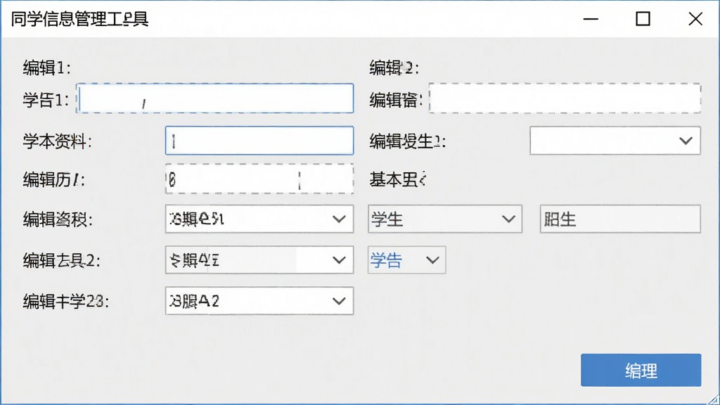 一张软件操作截图风格图片,主体为“同学信息管理工具”的学生信息编辑窗口,包含多个输入框下拉菜单,正在编辑一位学生的基本资料,布局规整,排版舒适,采用浅灰色背景配蓝色按钮,界面风格干净整洁,细节丰富,画质清晰。