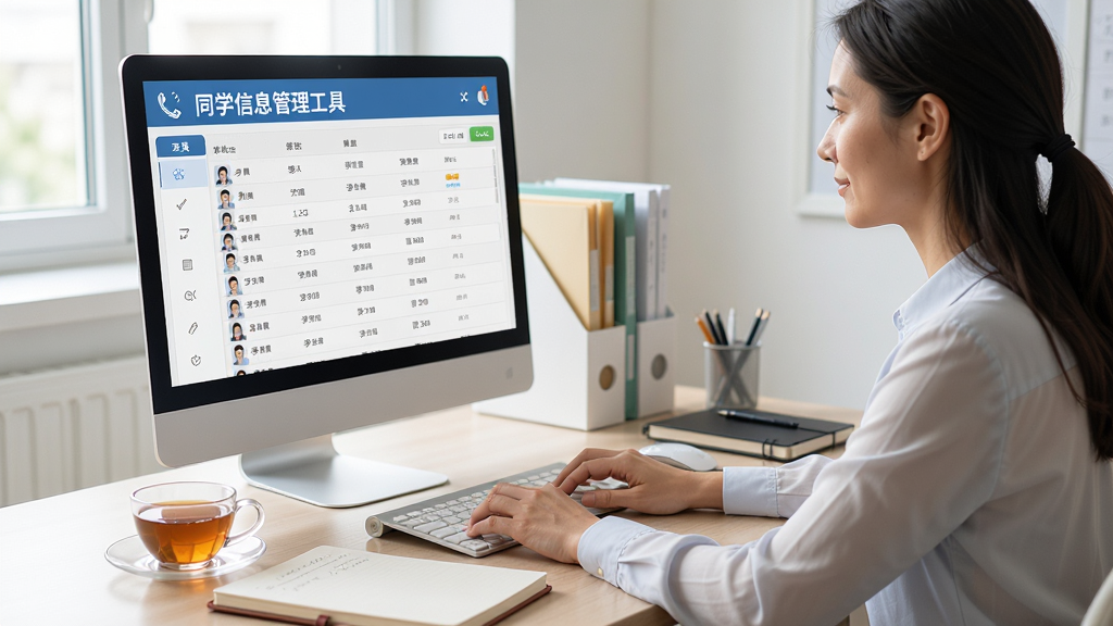 一张使用场景图,主体为一位老师正在电脑前操作“同学信息管理工具”,屏幕上显示学生列表,桌面整洁,旁边放有茶杯和笔记本,构图自然,风格写实,光线明亮,画质清晰,无多余元素。