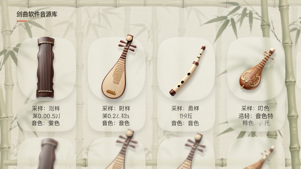 剑曲软件音源库界面,展示古琴、琵琶、箫等民族乐器图标,每个图标下方标注采样数量与音色特点,背景为淡雅竹纹,界面采用半透明毛玻璃效果,乐器图标立体精美,整体色调柔和,排版整齐,画质干净。