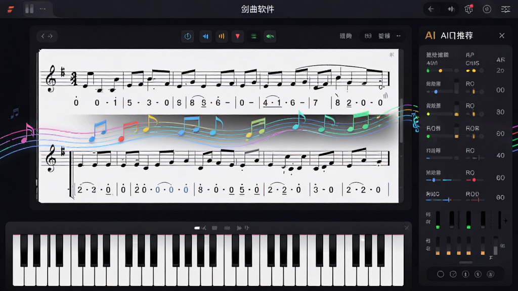 剑曲软件智能谱曲界面,中央显示五线谱与简谱对照,下方为虚拟钢琴键盘,右侧有AI和弦推荐面板,界面采用深色背景衬托彩色音符流动效果,整体布局科学,视觉风格现代,画质干净。