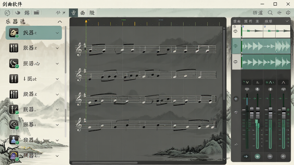 剑曲软件主界面预览图,展示古风音乐创作软件的主体界面,左侧为乐器选择列表,中央为五线谱编辑区,右侧为音轨混音面板,整体布局简洁典雅,背景融入水墨山水元素,色调以淡青与米白为主,UI图标精致,画质清晰,干净无多余元素。
