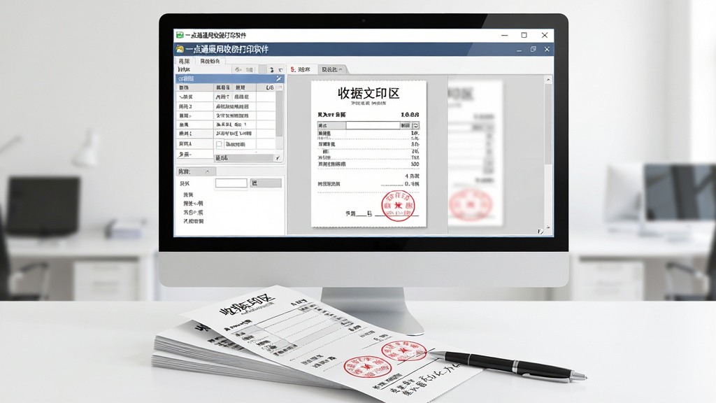 画面主体为电脑屏幕中显示“一点通通用收据打印软件”的主界面,界面清晰展示收据模板预览区域。屏幕前置放有一叠打印好的收据纸张与一支黑色签字笔,背景为干净整洁的办公桌面。整体布局采用平视视角,主体居中,左右留白均衡。风格为写实商业场景渲染,细节包含软件界面上的表格线条与文字,收据纸上的红色印章图案与手写笔记。画质高清明亮,色彩自然,无多余杂物,画面干净。