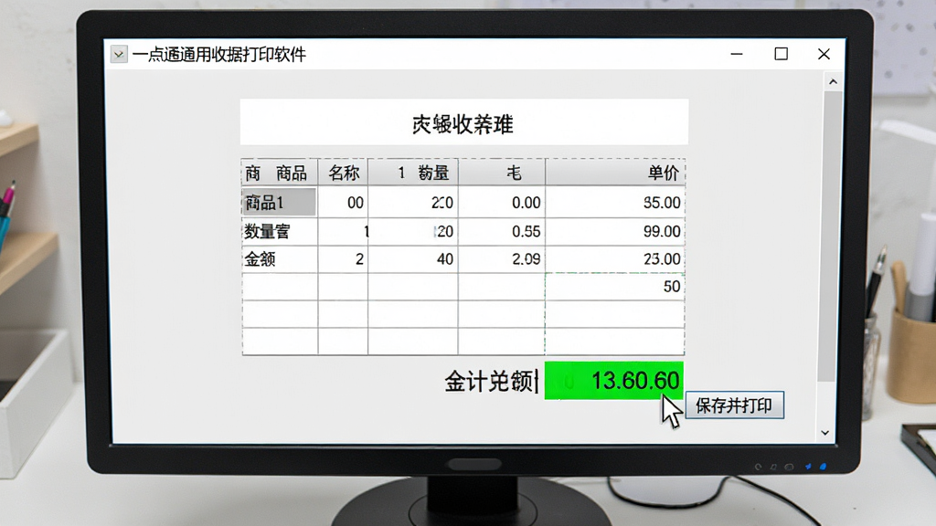 图片主体为“一点通通用收据打印软件”的数据录入界面,屏幕上显示一张电子收据表格,表格中已填写商品名称、数量、单价,底部金额栏自动显示出合计数字与中文大写。鼠标指针悬停在“保存并打印”按钮上。布局为表单居中,背景为浅灰色工作台。风格为简洁实用的软件界面截图风格,细节突出数字计算结果的绿色高亮显示。画质高清,文字可辨,无多余装饰元素。