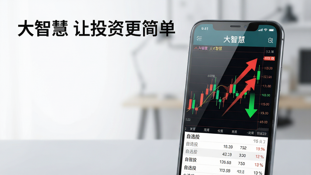 主体:智能手机屏幕展示大智慧APP界面,屏幕上有彩色K线图、红色上涨箭头、绿色下跌箭头,顶部显示“大智慧”字样,下方有自选股列表。布局:手机居中偏右,左侧留白,底部有浅灰色桌面。排版:主标题“大智慧 让投资更简单”置于画面上方,简洁字体。风格:现代科技感,高清渲染,光线柔和。细节:屏幕反光自然,数据清晰可辨,背景虚化。画质:8K超清,干净,无多余元素。