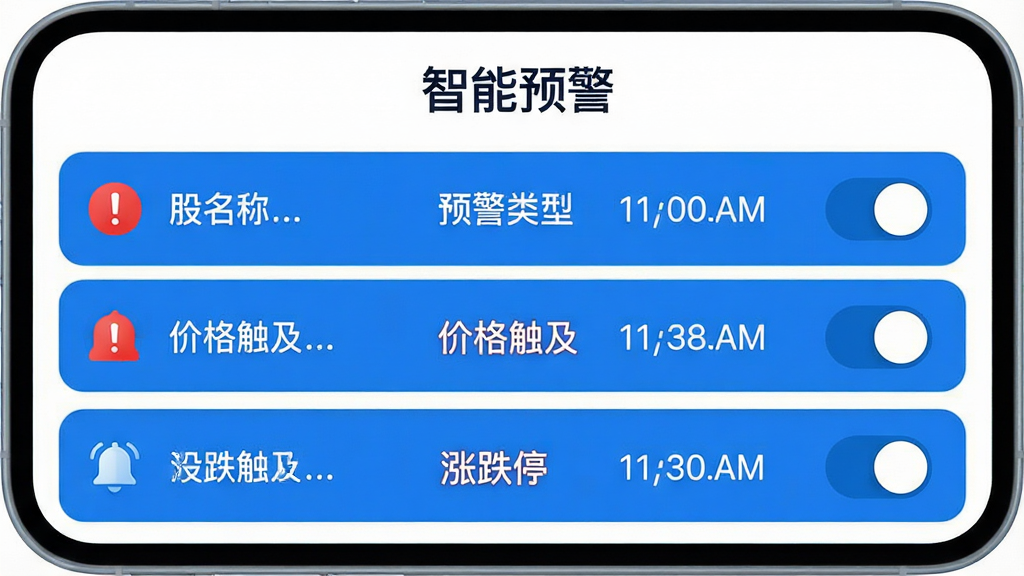主体:大智慧APP的预警通知界面,顶部有“智能预警”标题,下方列表展示股票名称、预警类型(价格触及、涨跌停)和时间。布局:列表式排版,左侧文字右侧开关按钮。风格:清爽简洁,蓝白配色。细节:每条预警前有彩色图标(红色感叹号、蓝色铃铛),屏幕边缘圆润。画质:4K清晰,干净,无多余元素。