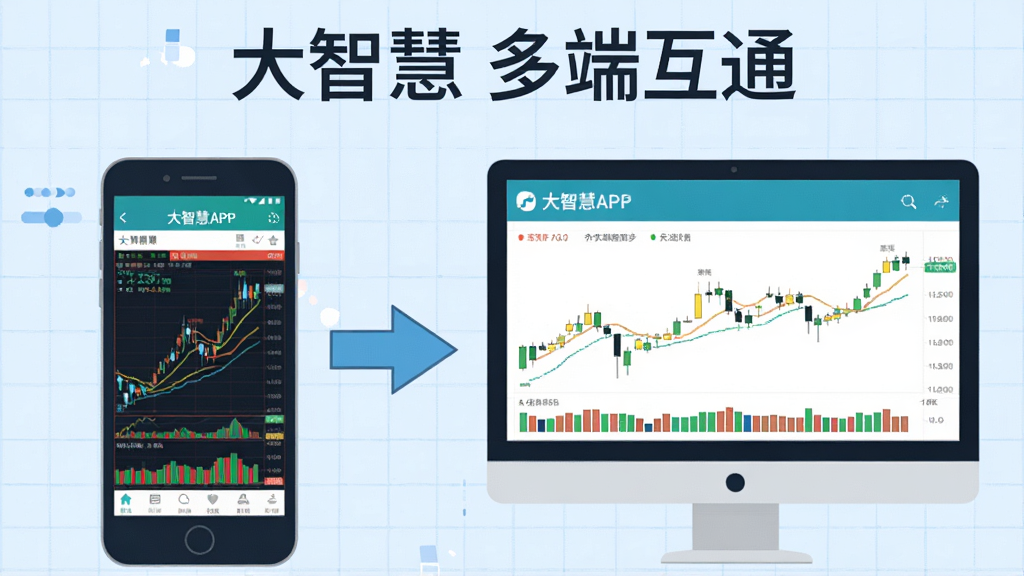 主体:一部手机和一台电脑并排放置,屏幕上都显示大智慧APP界面,中间有箭头连接,象征多端同步。布局:左手机右电脑,背景淡蓝色网格。排版:上方文字“大智慧 多端互通”。风格:扁平化插画风,色彩明快。细节:手机屏幕显示分时图,电脑屏幕显示K线图。画质:高清晰,干净。