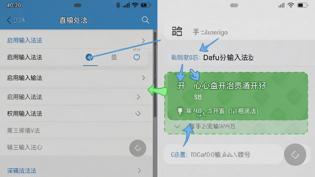 手心输入法移动端设置界面截图,显示启用输入法和设置默认输入法的步骤,背景为手机设置页面,突出权限开启的提示,画质清晰,标注清晰,无多余元素