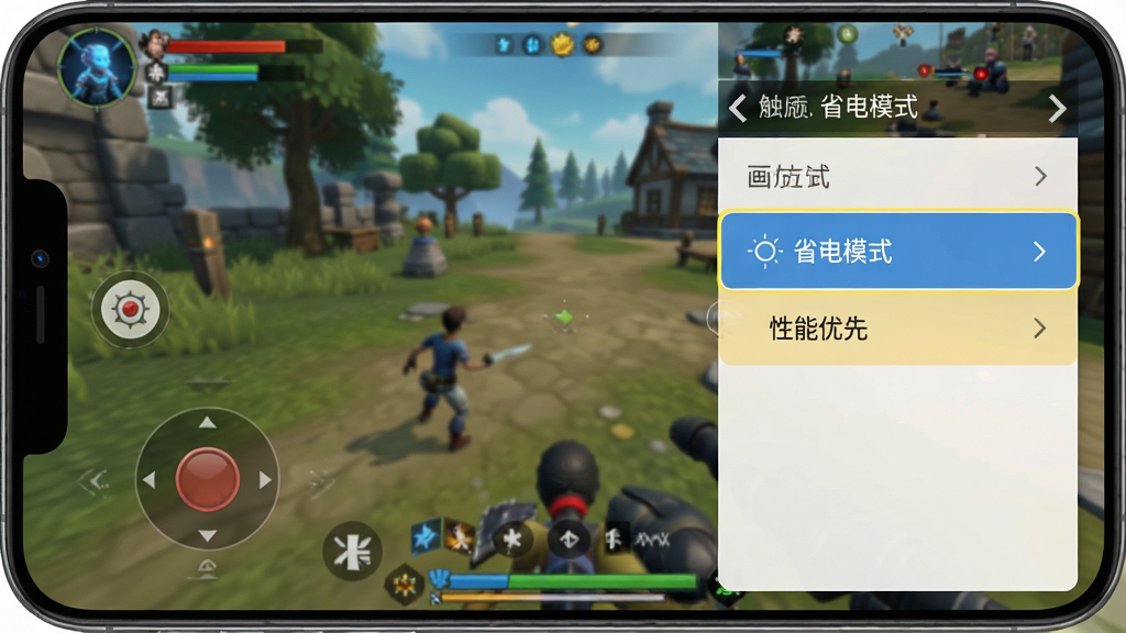 手机截图,展示游戏触屏操作界面与画质设置菜单,高亮显示“省电模式”与“性能优先”选项,背景为游戏实机画面,UI清晰,画质高清干净