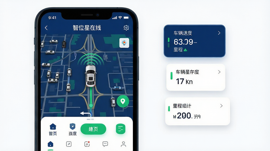 主体:智能手机屏幕显示智位星在线主界面,界面中央为高清地图并标有车辆实时位置图标,下方是功能菜单栏,整体风格科技感强。布局:手机位于画面中心偏左,右侧留白处悬浮显示车辆速度、里程等数据卡片,排版简洁清晰。风格:扁平化设计结合写实地图元素,色彩以深蓝和白色为主,搭配绿色高亮按钮。细节:地图上显示精细的道路网格,车辆图标带有GPS信号波纹,界面文字清晰标注“智位星在线”,画质:高清渲染,干净无多余元素。