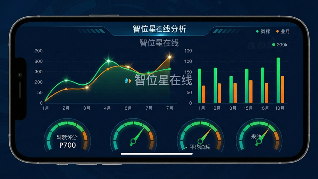 主体:智能手机横屏界面,显示智位星在线油耗分析图表,包含折线图和柱状图。布局:图表占据屏幕主要区域,下方有“驾驶评分”、“平均油耗”等圆形数据仪表盘。风格:现代数据可视化风格,背景为深色科技蓝,图表线条使用亮绿和橙色。细节:图表区域标有“智位星在线”水印,数据点有闪光特效,仪表盘指针指向绿色区域。画质:高分辨率,干净,无多余元素。