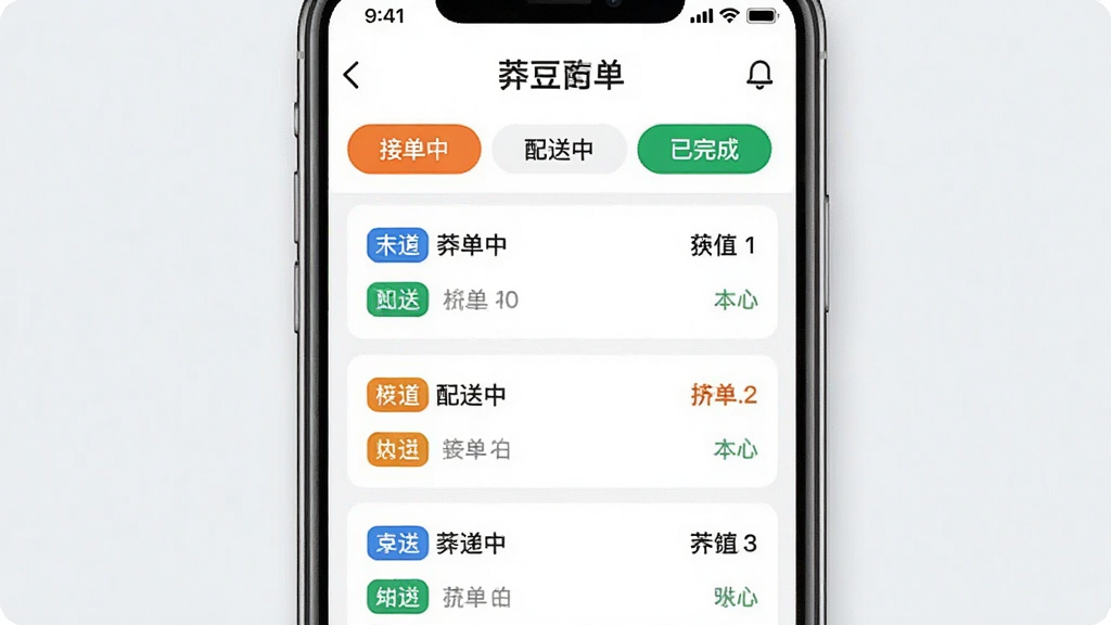 一张手机截图风格的图片,展示“莽豆豆”商家版订单列表界面,不同状态的订单以彩色标签区分,顶部有“接单中”、“配送中”、“已完成”等筛选按钮,界面UI设计现代,色彩明快,排版整齐,画质干净清晰,无多余元素