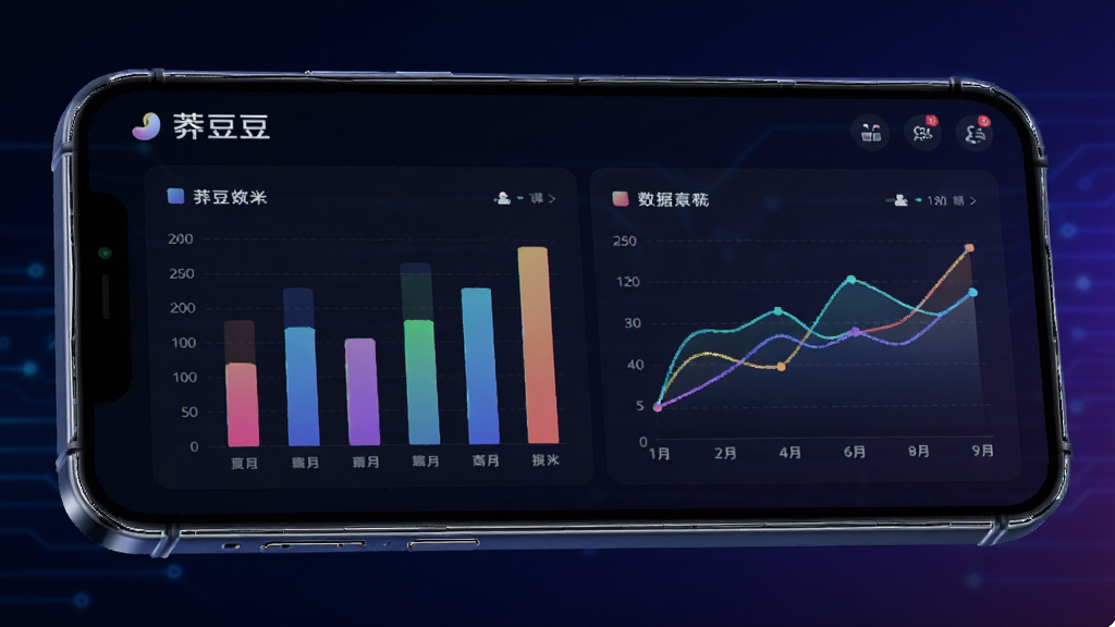 展示“莽豆豆”商家版数据报表界面的图片,屏幕上显示柱状图和折线图,图表色彩鲜艳,背景为深色科技感渐变,手机横屏展示,立体感强,画质精细,无多余元素