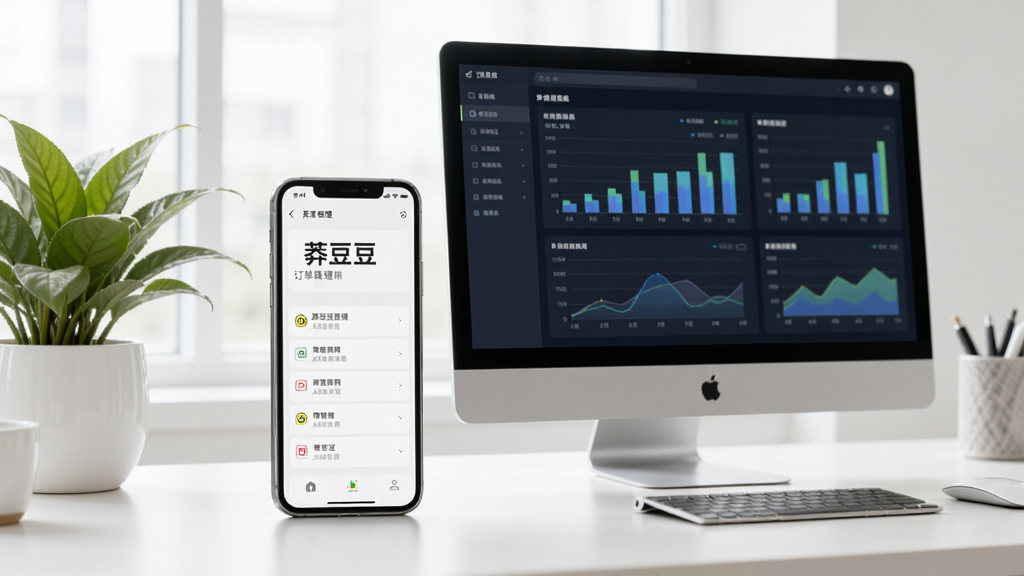 手机和电脑并排摆放在桌面上的图片,手机屏幕显示“莽豆豆”订单管理后台,电脑屏幕显示数据图表,旁边有绿植点缀,光线明亮柔和,整体风格商务现代,画面干净,清晰度高,无多余元素