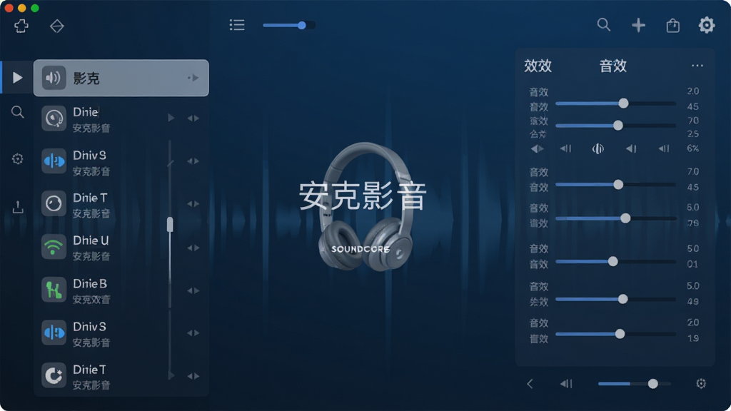 一张展示安克影音软件主界面的高清截图,界面风格现代简约,以深蓝色为基调,左侧是设备列表,右侧是音效调节面板,中间显示“安克影音”字样及Soundcore耳机图标,布局清晰,排版整齐,UI设计精美,画质细腻,干净无多余元素。