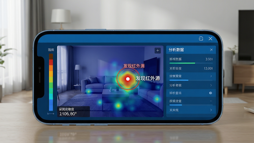 主体:手机屏幕显示红外线探测软件的扫描结果界面,背景为现代简约客厅。布局:手机横屏放置在桌面,屏幕中显示扫描到的红外热点分布图,左侧有信号强度条。排版:界面左侧为实时画面,右侧为分析数据面板。风格:科技蓝为主色调,界面扁平化设计。细节:扫描图上有一个红色亮点被圆圈标注,提示“发现红外源”,画面左下角显示探测灵敏度参数,整体环境光线正常,细节丰富。画质:高清,干净,无多余元素