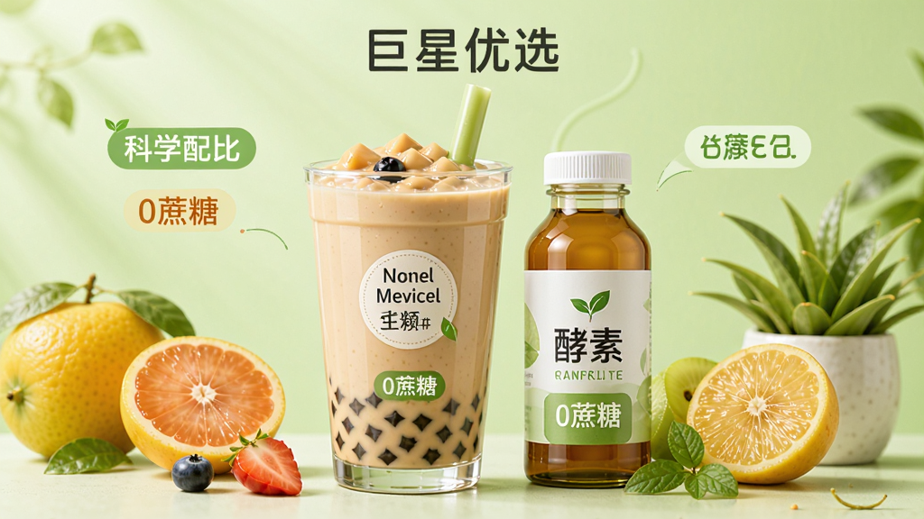 巨星优选App的健康生活专区界面设计图,背景为清新的浅绿色,中央展示一杯超模奶茶饮品与一瓶酵素饮,旁边配以新鲜水果和绿植点缀,界面有“科学配比”、“0蔗糖”等小标签,整体色调清新自然,排版简洁,产品质感细腻,画面富有食欲与健康感。