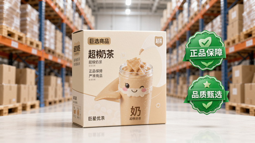 以巨星优选App的“严选商品”详情页为视觉主体,页面展示超模奶茶产品的立体包装盒,旁边有“正品保障”和“品质甄选”的绿色认证标签,背景是虚化的仓库与货架,光线明亮柔和,构图突出产品主体与认证标识,整体风格写实专业,画质干净。