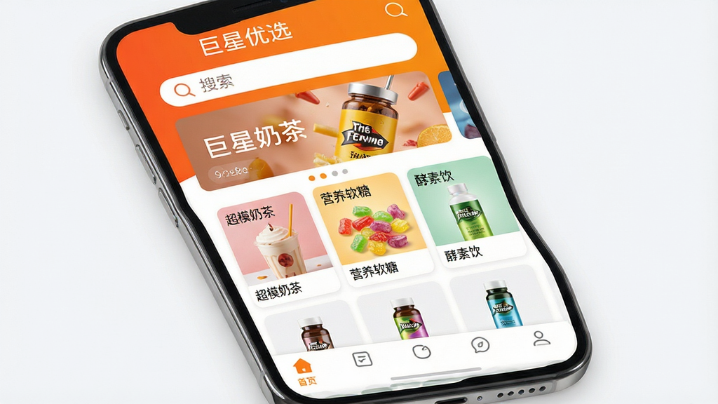 高清展示巨星优选App在智能手机上的运行界面,主色调为明亮的橙白渐变,布局上方是搜索栏与轮播横幅,中间是“超模奶茶”、“营养软糖”、“酵素饮”等商品卡片整齐排列,下方是底部导航栏,图标清晰,整体风格现代简约,UI设计精致,画面干净明亮,突出购物软件的清爽与专业感,文字“巨星优选”清晰显示在屏幕顶部。