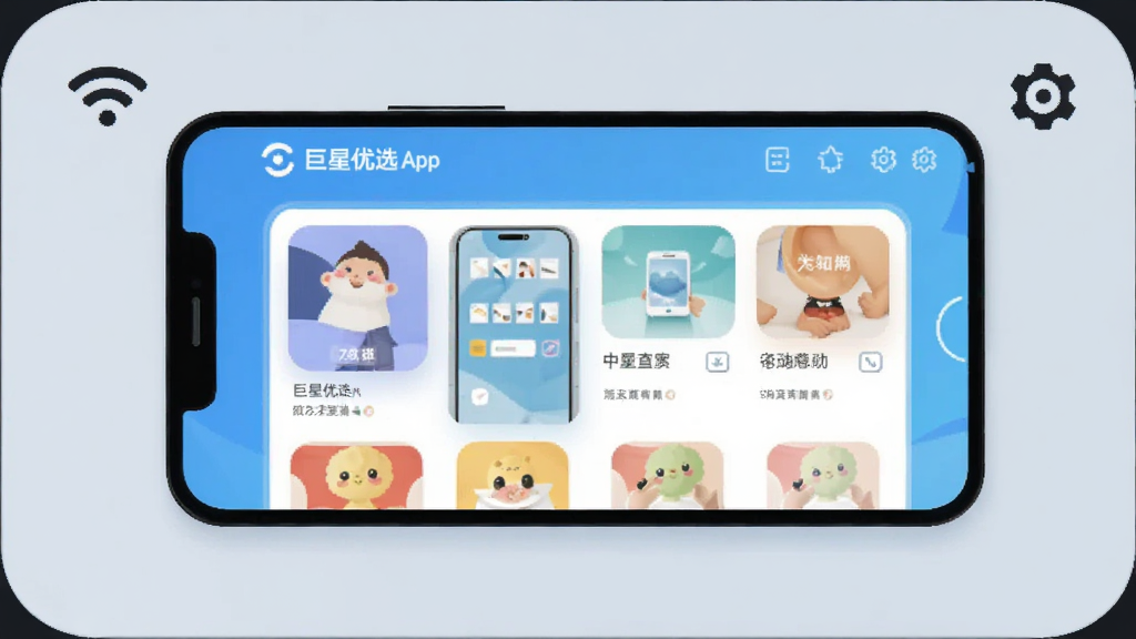 绘制一幅智能手机横屏操作巨星优选App的示意图,手机屏幕中显示清晰的应用主界面,旁边有Wi-Fi信号图标和齿轮设置图标,整体背景为简洁的浅灰蓝色,画风扁平化,主体突出,细节干净。
