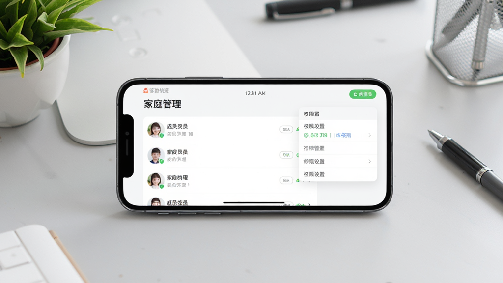 手机横屏展示“家庭桃源”APP的“家庭管理”界面,屏幕内显示成员列表和权限设置菜单。画面主体是手机设备,位于画面中央,背景是简洁的浅灰色工作台,上面放置了绿植和笔,风格为实拍产品图风格,光线明亮,细节清晰,画质干净无多余元素。