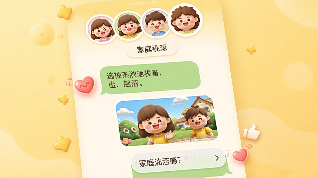 手机APP“家庭桃源”的聊天界面预览图,界面顶部显示家庭成员的卡通头像,对话气泡中包含文字和图片分享。界面设计圆润,有爱心和点赞的小图标动效。主体位于画面中央,背景采用柔和的渐变暖黄色,风格为可爱的卡通UI风格,细节丰富,画质高清干净,无多余元素。