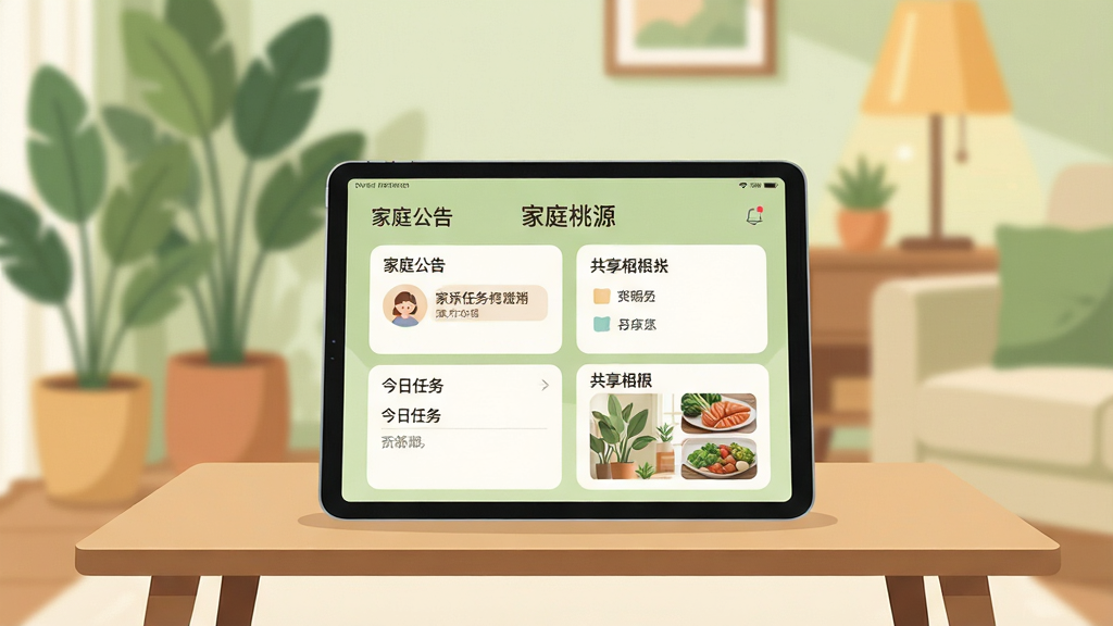 画面主体为温馨的客厅场景,一个平板电脑竖立在茶几上,屏幕中显示“家庭桃源”APP的主界面,界面清晰可见家庭公告、今日任务和共享相册等模块。背景是模糊的绿植和暖色灯光,整体布局呈现中心对称,风格为扁平化插画风,色彩柔和温暖,以浅绿色和米白色为主,细节丰富,画质高清干净,无多余元素。
