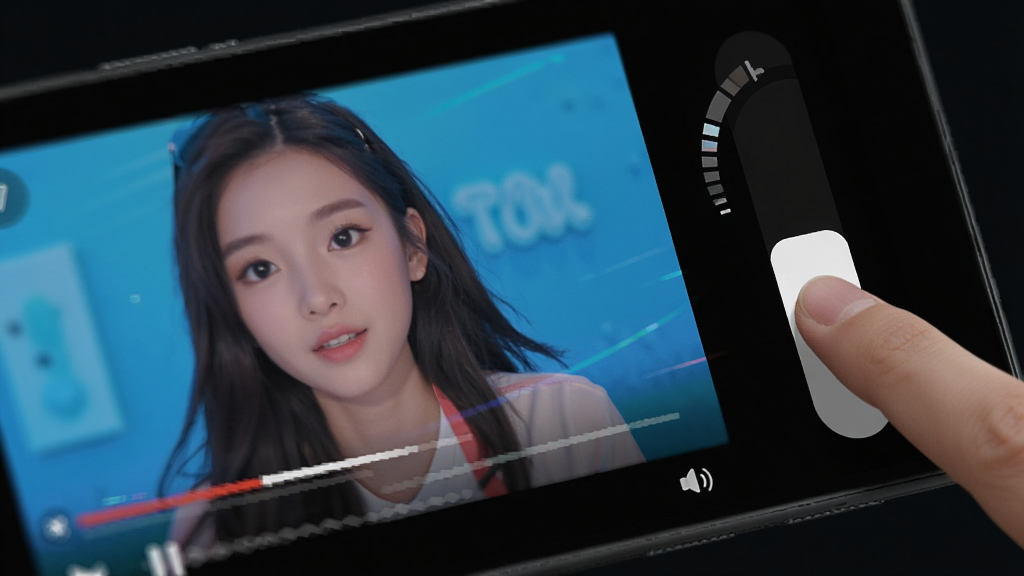 一张特写TuTuPlay移动端手势操作的画面,屏幕上显示播放中的视频,手指在屏幕右侧上下滑动调节音量,界面出现半圆形音量指示条,整体风格动态感强,背景为暗色,主体突出,细节到位,画质干净,无多余元素