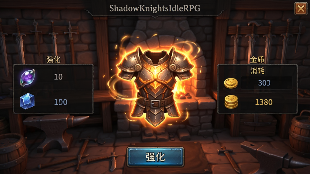 ShadowKnightsIdleRPG装备强化界面截图,界面中央展示一件散发橙色光芒的护甲,左右两侧是强化材料和金币消耗栏,底部有强化按钮。背景是铁匠铺内部,炉火通红,墙上挂着武器。UI布局合理,特效流光,风格写实,画质清晰,无多余元素。