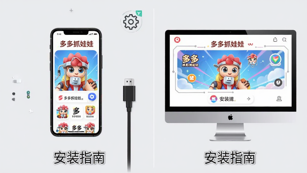 画面主体为一部手机和一台电脑并排,屏幕均显示“多多抓娃娃”应用,下方有“安装指南”文字。布局采用分屏展示,左侧手机右侧电脑,背景为浅灰色。细节包括数据线连接、设置图标。风格为科技感教程插图,画质干净,无多余元素。